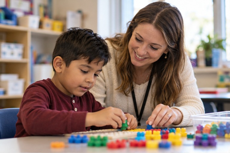 Occupational therapist supporting a student with a classroom fine motor task