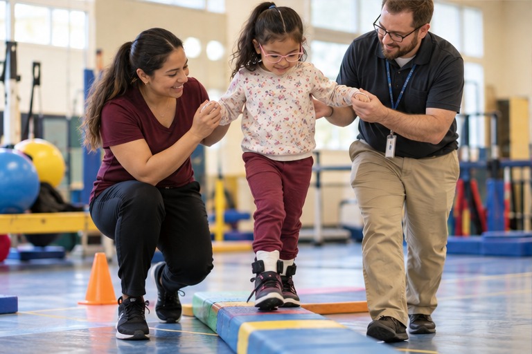 Physical therapist and aide supporting a child in a school gym